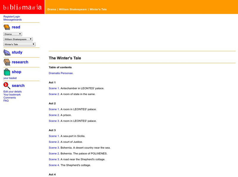 Bibliomania: Shakespeare the Winter's Tale Handout
