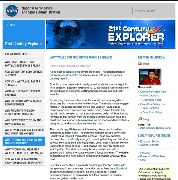 Nasa: 21st Century Explorer: What Would You Find on the Moon's Surface? Unit Plan Nasa: 21st Century Explorer: What Would You Find on the Moon's Surface? Unit Plan