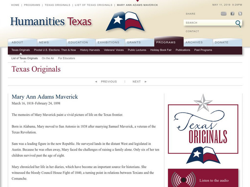 Humanities Texas: Texas Originals: Mary Ann Adams Maverick 1818 1898 Website Humanities Texas: Texas Originals: Mary Ann Adams Maverick 1818 1898 Website