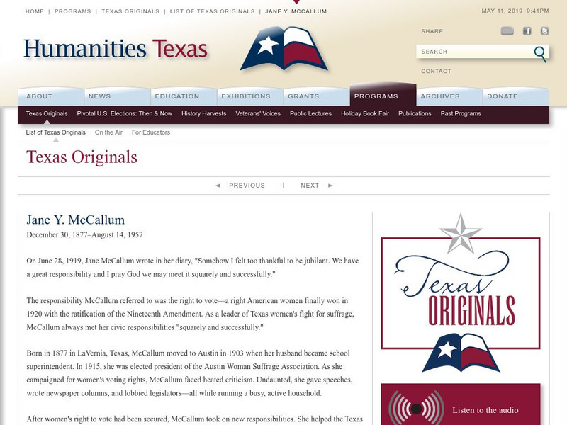 Humanities Texas: Texas Originals: Jane Y. Mc Callum Website Humanities Texas: Texas Originals: Jane Y. Mc Callum Website