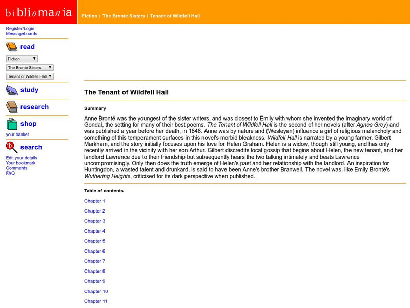 Bibliomania: Bronte Sisters Tenant of Wildfell Hall Handout Bibliomania: Bronte Sisters Tenant of Wildfell Hall Handout
