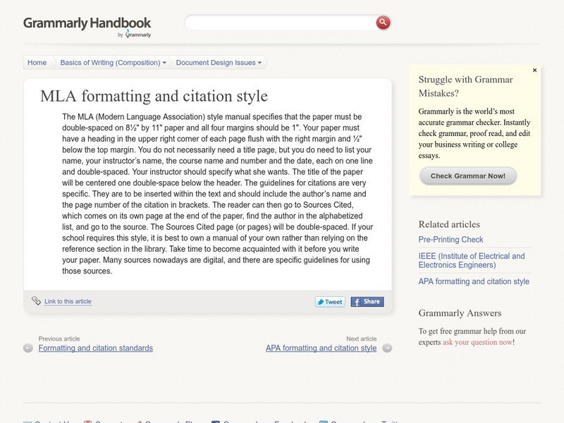 Grammarly Handbook: Mla Formatting and Citation Style Handout Grammarly Handbook: Mla Formatting and Citation Style Handout