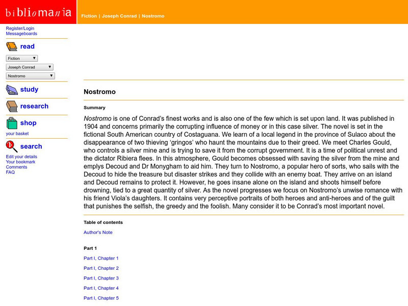 Bibliomania: Joseph Conrad Nostromo Handout Bibliomania: Joseph Conrad Nostromo Handout