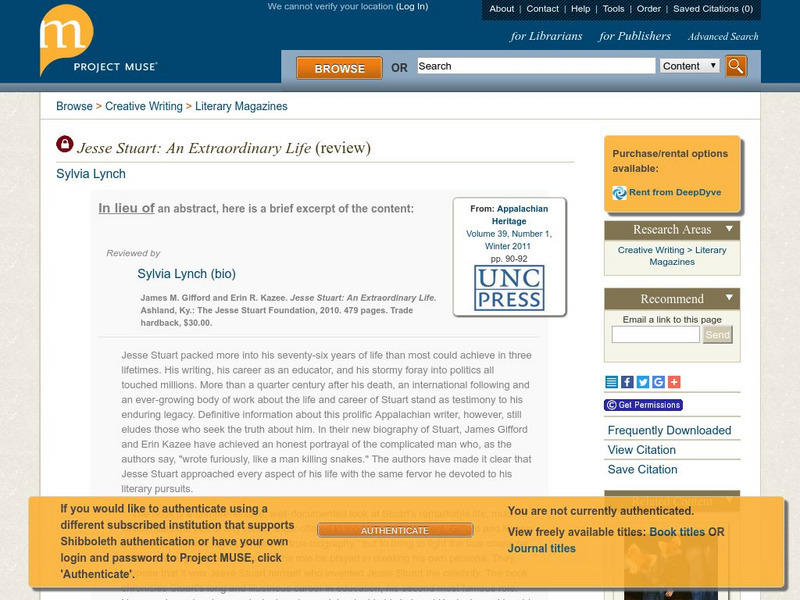 Project Muse: Jesse Stuart: An Extraordinary Life [Review] Article