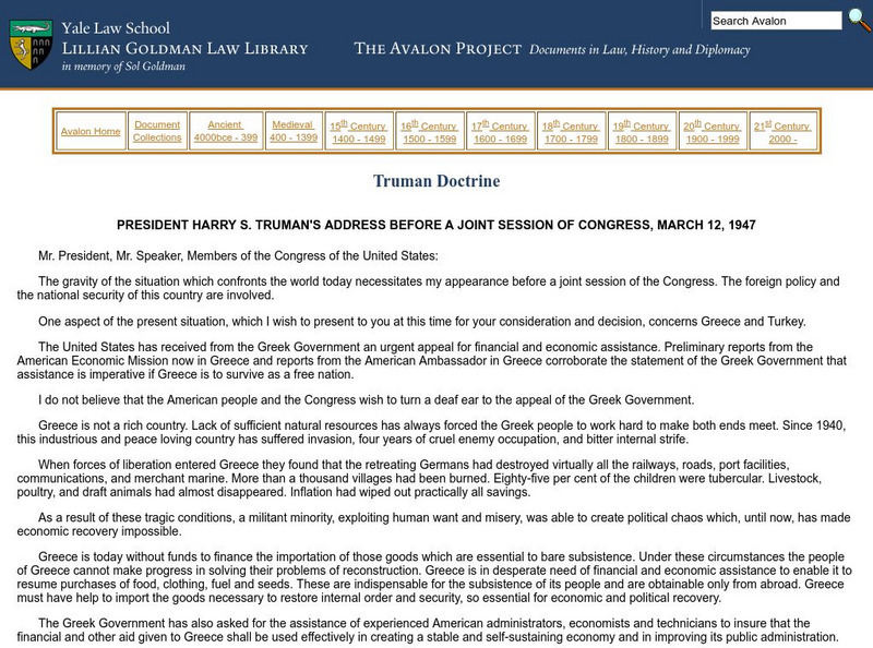 Avalon Project: Truman Doctrine: Address Before Congress, March 12, 1947 Primary Avalon Project: Truman Doctrine: Address Before Congress, March 12, 1947 Primary