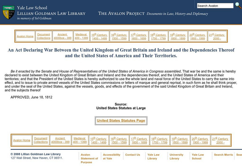 Avalon Project: Declaration of War by Us Senate and House, June 18, 1812 Primary