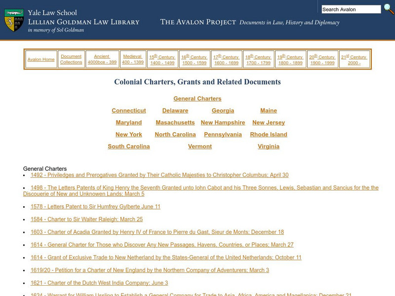 Yale University: Avalon Project: Colonial Charters, Grants and Related Documents Primary