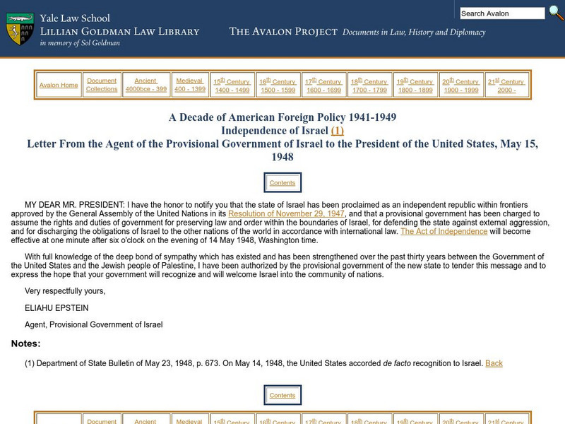 Provisional Govt. Of Israel Writes the President of u.s. Primary Provisional Govt. Of Israel Writes the President of u.s. Primary