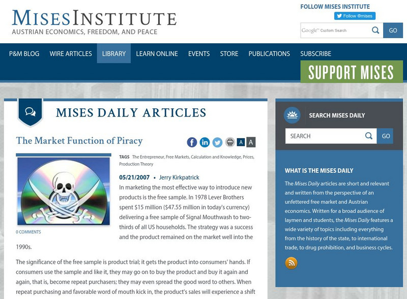 Ludwig Von Mises Institute: The Market Function of Piracy Article