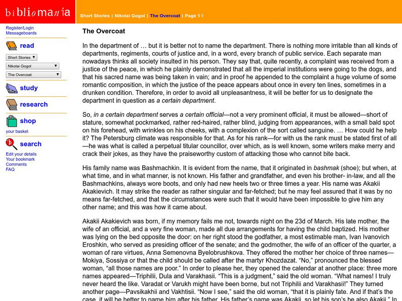 Bibliomania: Nikolai Gogol: The Overcoat Handout