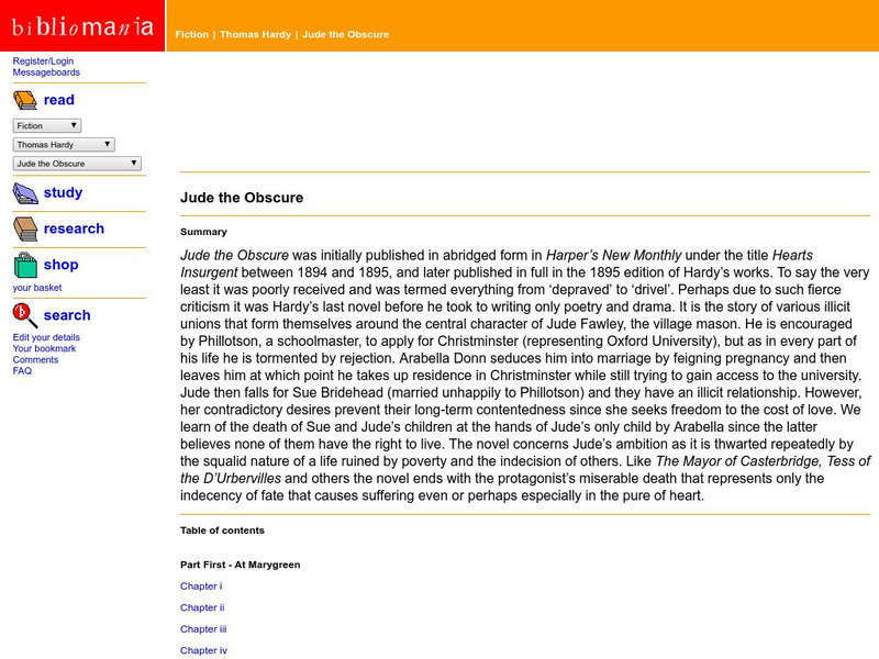 Bibliomania: Thomas Hardy: Jude the Obscure Handout Bibliomania: Thomas Hardy: Jude the Obscure Handout