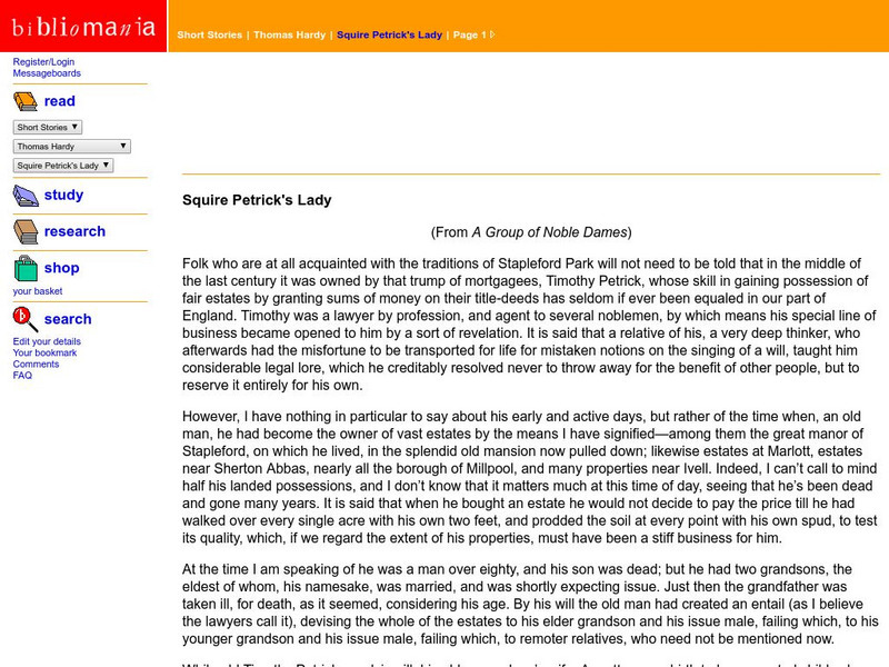 Bibliomania: Thomas Hardy: Squire Petrick's Lady Handout