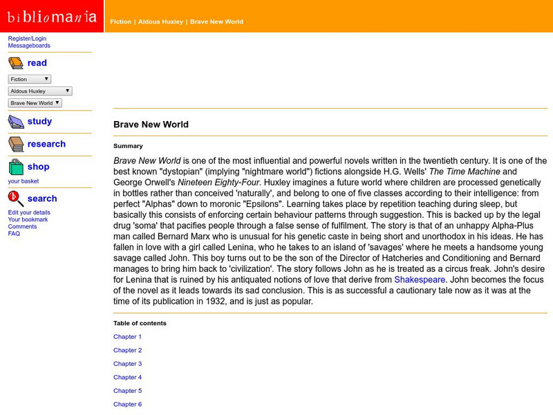 Bibliomania: Aldous Huxley: Brave New World Handout Bibliomania: Aldous Huxley: Brave New World Handout