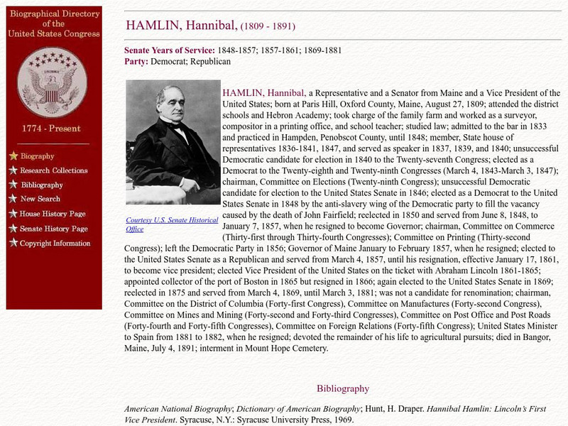 Loc: Biographical Directory of the u.s. Congress: Hannibal Hamlin, 1809 1891 Handout