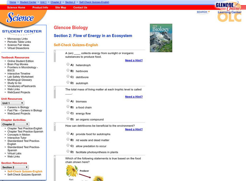 Glencoe Biology: Flow of Energy in an Ecosystem: Self Check Quiz Unknown Type Glencoe Biology: Flow of Energy in an Ecosystem: Self Check Quiz Unknown Type