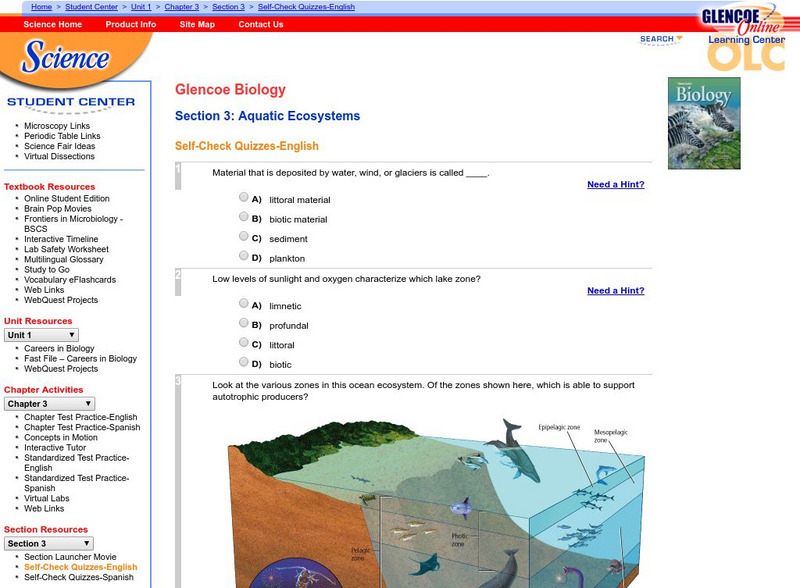 Glencoe Biology: Aquatic Ecosystems: Self Check Quiz Unknown Type Glencoe Biology: Aquatic Ecosystems: Self Check Quiz Unknown Type