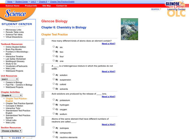 Glencoe Biology: Chemistry in Biology: Chapter Test Practice Unknown Type Glencoe Biology: Chemistry in Biology: Chapter Test Practice Unknown Type