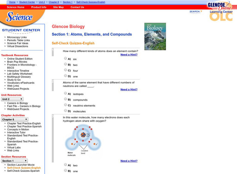 Glencoe Biology: Atoms, Elements, and Compounds: Self Check Quiz Unknown Type Glencoe Biology: Atoms, Elements, and Compounds: Self Check Quiz Unknown Type