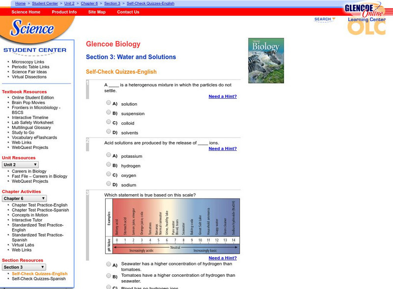 Glencoe Biology: Water and Solutions: Self Check Quiz Unknown Type