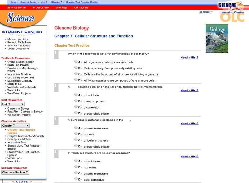 Glencoe Biology: Cellular Structure and Function: Test Practice Unknown Type