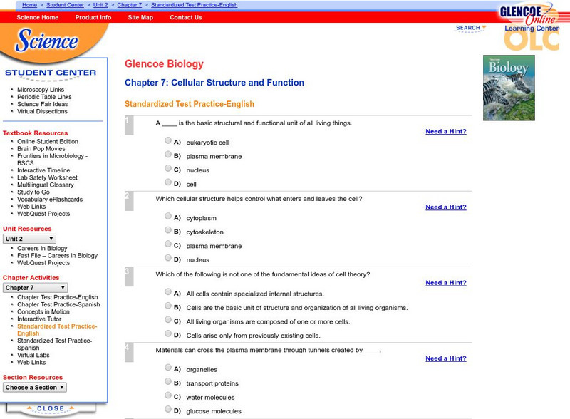 Glencoe Biology: Cellular Structure and Function: Test Practice Unknown Type Glencoe Biology: Cellular Structure and Function: Test Practice Unknown Type