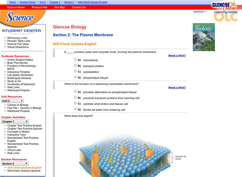 Glencoe Biology: The Plasma Membrane: Self Check Quiz Unknown Type Glencoe Biology: The Plasma Membrane: Self Check Quiz Unknown Type