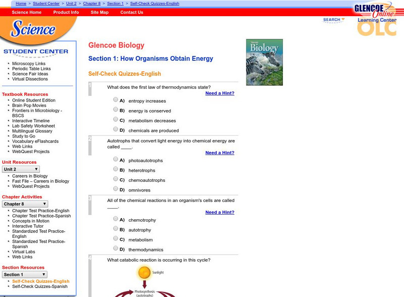 Glencoe Biology: How Organisms Obtain Energy: Self Check Quiz Unknown Type Glencoe Biology: How Organisms Obtain Energy: Self Check Quiz Unknown Type