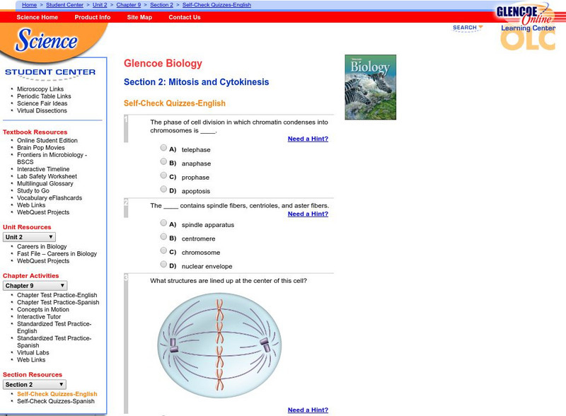 Glencoe Biology: Mitosis and Cytokinesis: Self Check Quiz Unknown Type Glencoe Biology: Mitosis and Cytokinesis: Self Check Quiz Unknown Type