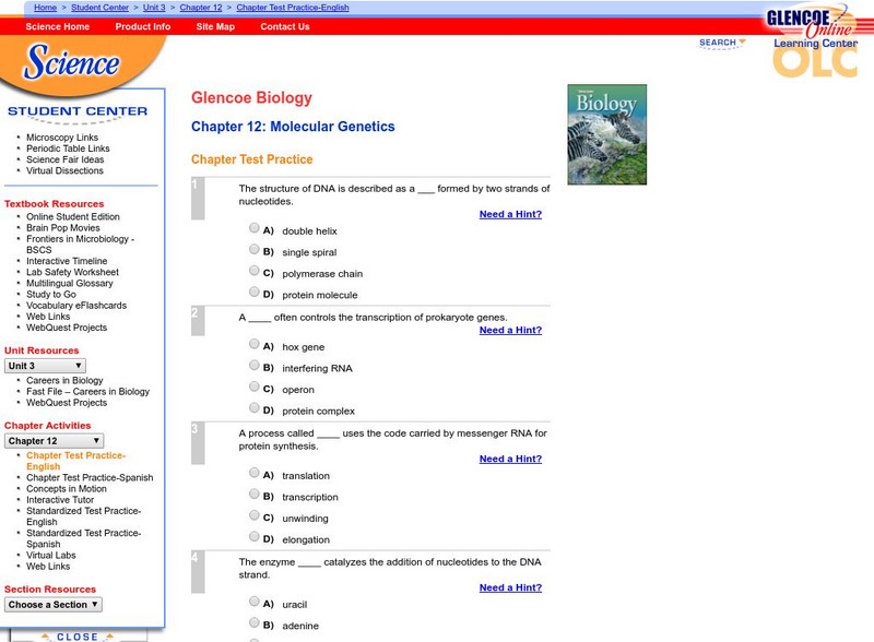 Glencoe Biology: Molecular Genetics: Chapter Test Practice Unknown Type Glencoe Biology: Molecular Genetics: Chapter Test Practice Unknown Type