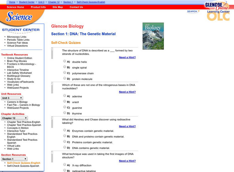 Glencoe Biology: Dna: The Genetic Material: Self Check Quiz Unknown Type Glencoe Biology: Dna: The Genetic Material: Self Check Quiz Unknown Type