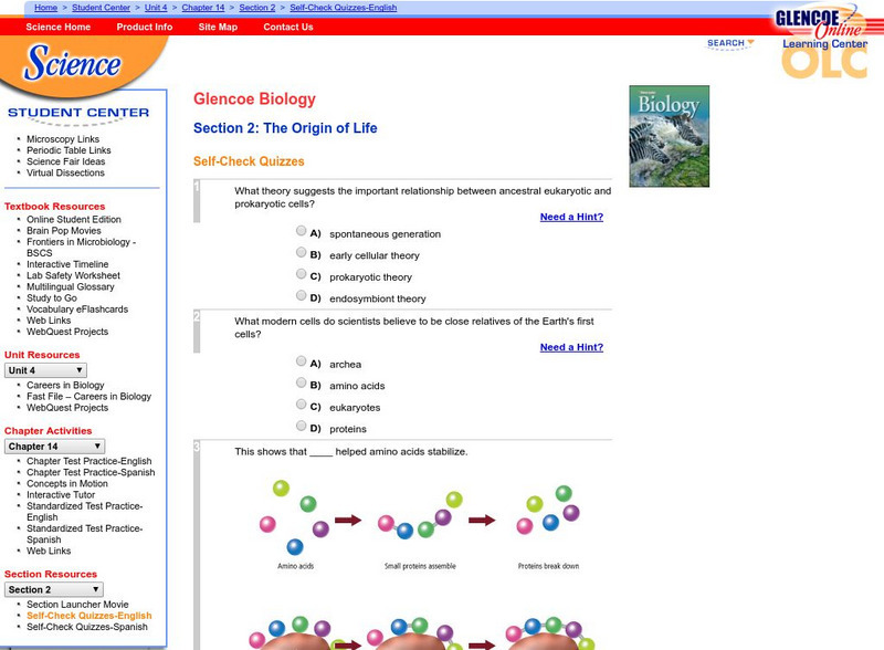 Glencoe Biology: The Origin of Life: Self Check Quiz Unknown Type Glencoe Biology: The Origin of Life: Self Check Quiz Unknown Type