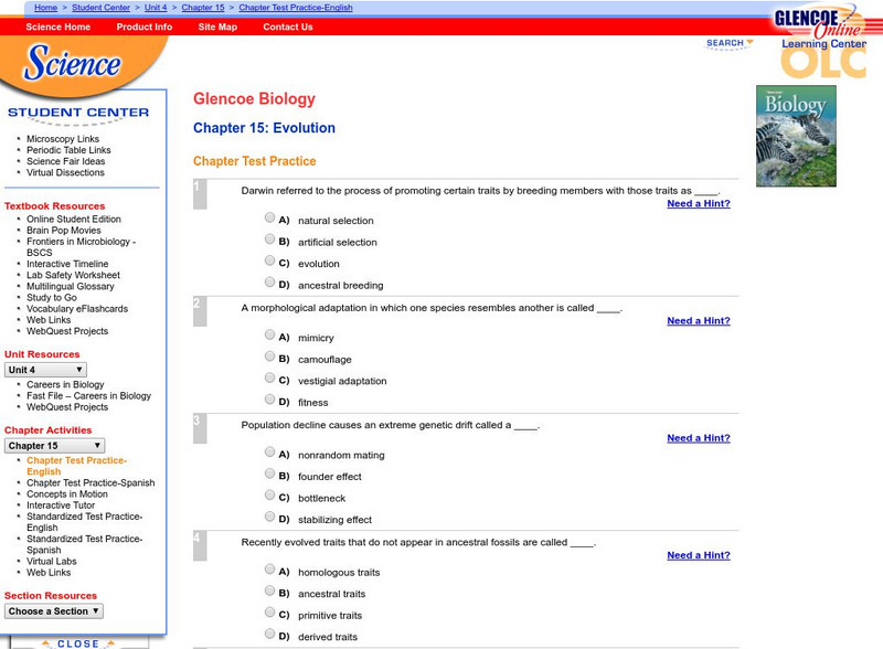 Glencoe Biology: Evolution: Chapter Test Practice Unknown Type Glencoe Biology: Evolution: Chapter Test Practice Unknown Type