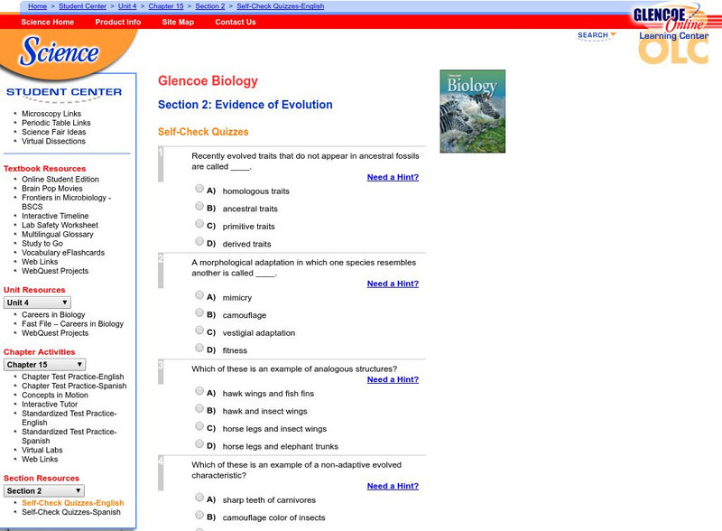 Glencoe Biology: Evidence of Evolution: Self Check Quiz Unknown Type Glencoe Biology: Evidence of Evolution: Self Check Quiz Unknown Type