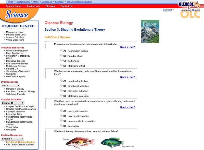 Glencoe Biology: Shaping Evolutionary Theory: Self Check Quiz Unknown Type Glencoe Biology: Shaping Evolutionary Theory: Self Check Quiz Unknown Type