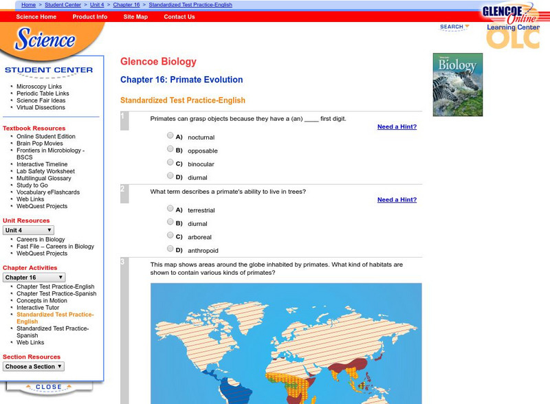 Glencoe Biology: Primate Evolution: Standardized Test Practice Unknown Type