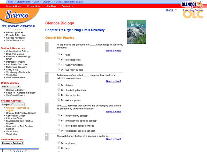 Glencoe Biology: Organizing Life's Diversity: Chapter Test Practice Unknown Type Glencoe Biology: Organizing Life's Diversity: Chapter Test Practice Unknown Type