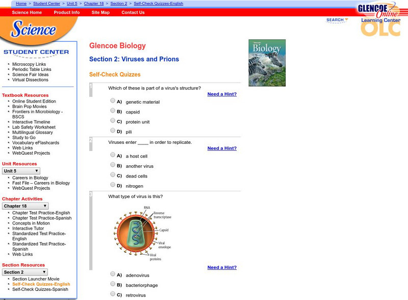 Glencoe Biology: Viruses and Prions: Self Check Quiz Unknown Type