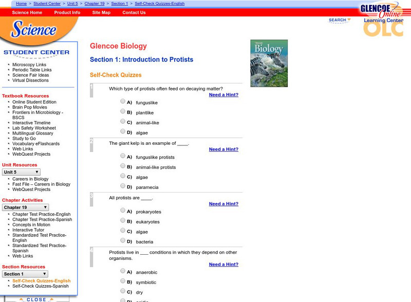 Glencoe Biology: Introduction to Protist: Self Check Quiz Unknown Type Glencoe Biology: Introduction to Protist: Self Check Quiz Unknown Type