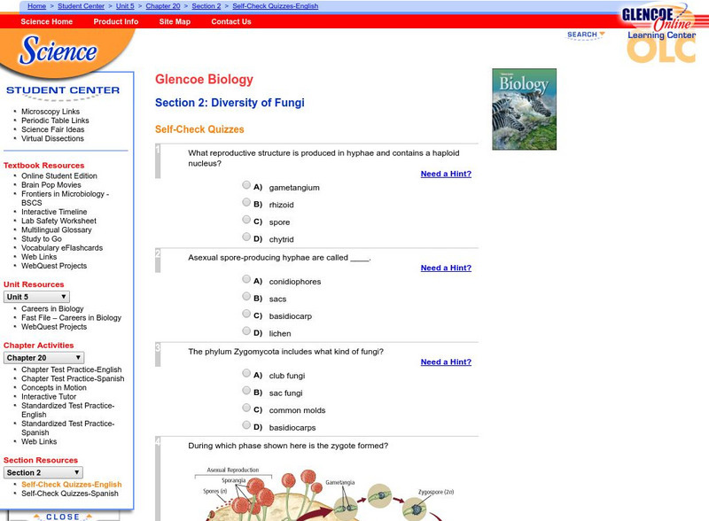 Glencoe Biology: Diversity of Fungi: Self Check Quiz Unknown Type