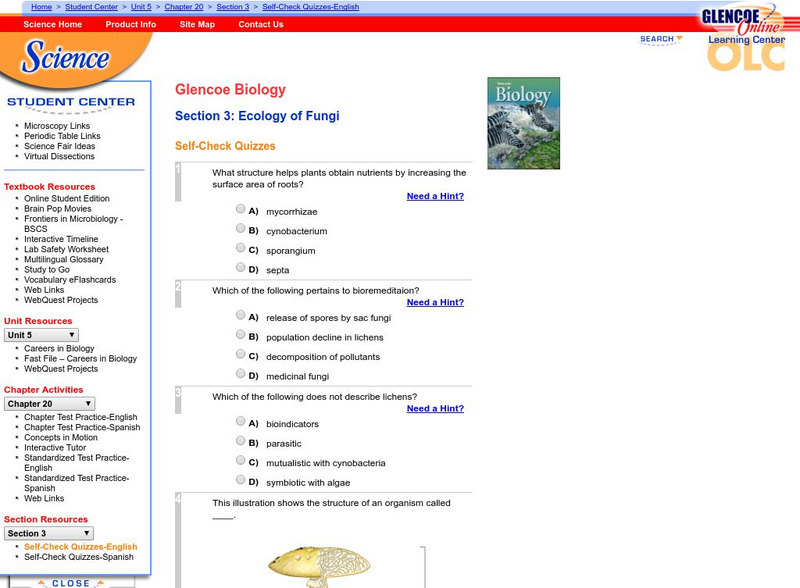 Glencoe Biology: Ecology of Fungi: Self Check Quiz Unknown Type