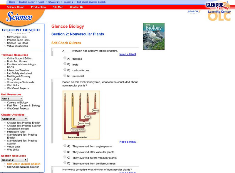 Glencoe Biology: Nonvascular Plants: Self Check Quiz Unknown Type