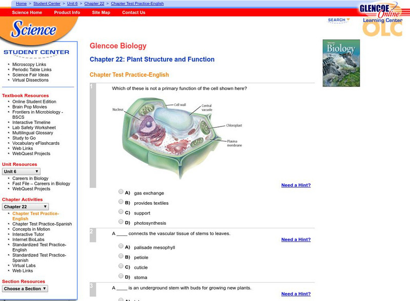 Glencoe Biology: Plant Structure and Function: Chapter Test Practice Unknown Type Glencoe Biology: Plant Structure and Function: Chapter Test Practice Unknown Type