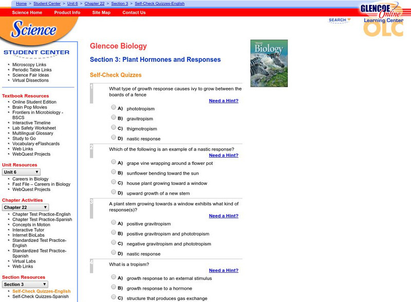 Glencoe Biology: Plant Hormones and Responses: Self Check Quiz Unknown Type Glencoe Biology: Plant Hormones and Responses: Self Check Quiz Unknown Type