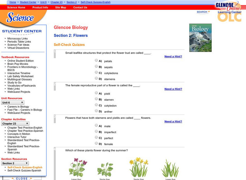 Glencoe Biology: Flowers: Self Check Quiz Unknown Type Glencoe Biology: Flowers: Self Check Quiz Unknown Type