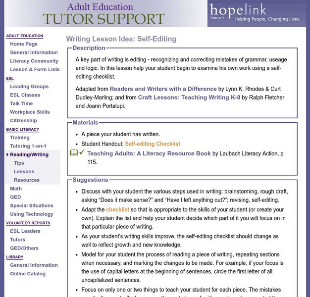 Hopelink: Writing Lesson Idea: Self Editing Lesson Plan Hopelink: Writing Lesson Idea: Self Editing Lesson Plan