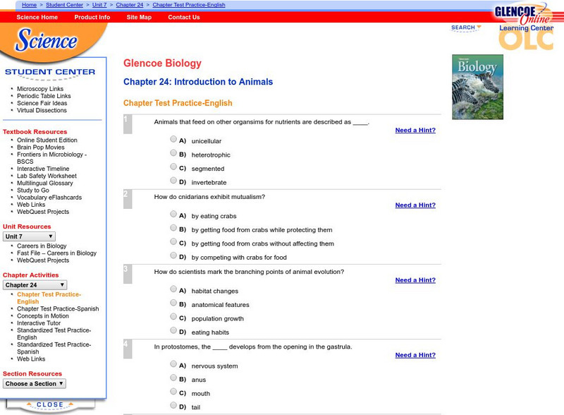 Glencoe Biology: Introduction to Animals: Chapter Test Practice Unknown Type Glencoe Biology: Introduction to Animals: Chapter Test Practice Unknown Type