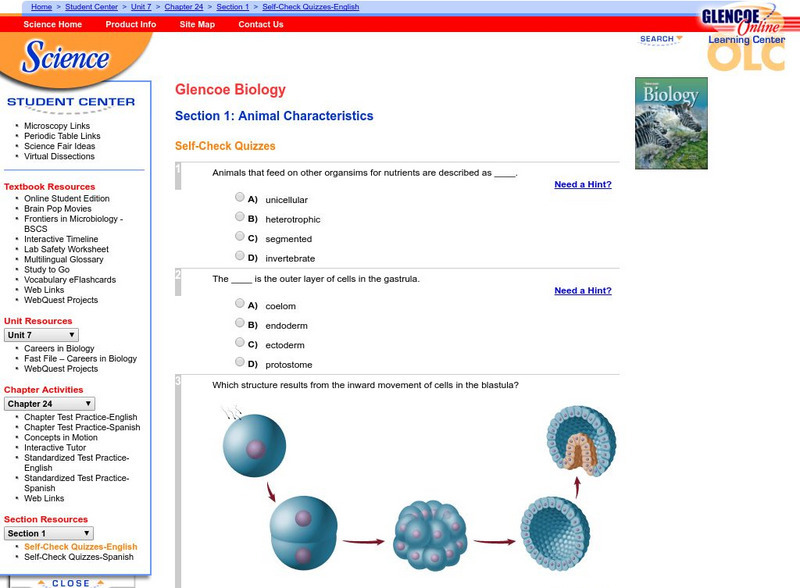 Glencoe Biology: Animal Characteristics: Self Check Quizzes Unknown Type