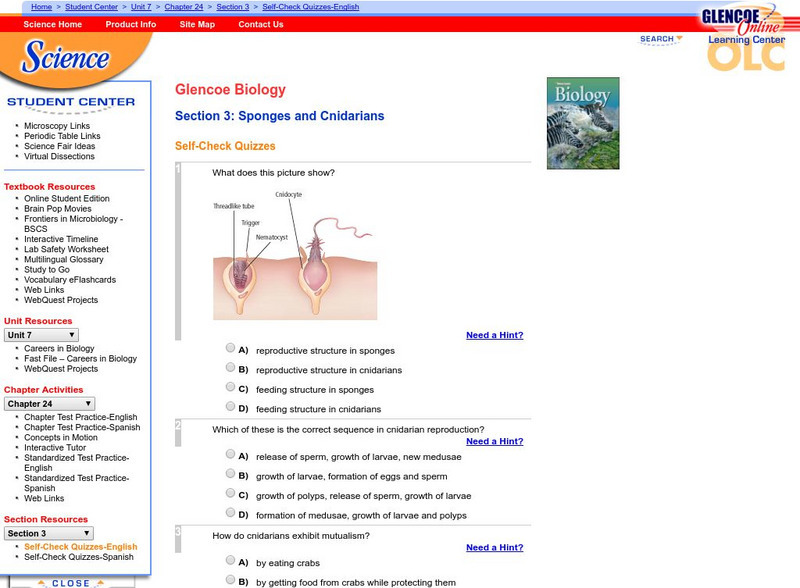 Glencoe Biology: Sponges and Cnidarians: Self Check Quiz Unknown Type Glencoe Biology: Sponges and Cnidarians: Self Check Quiz Unknown Type