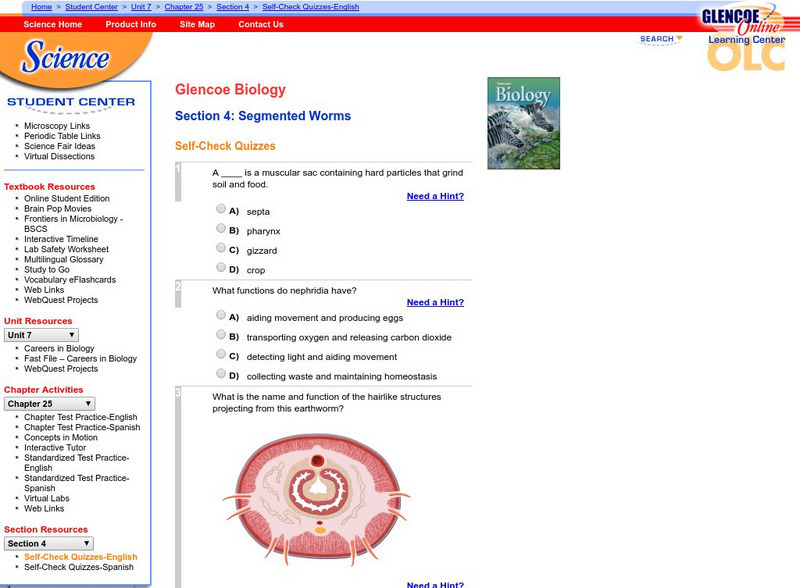 Glencoe Biology: Segmented Worms: Self Check Quiz Unknown Type