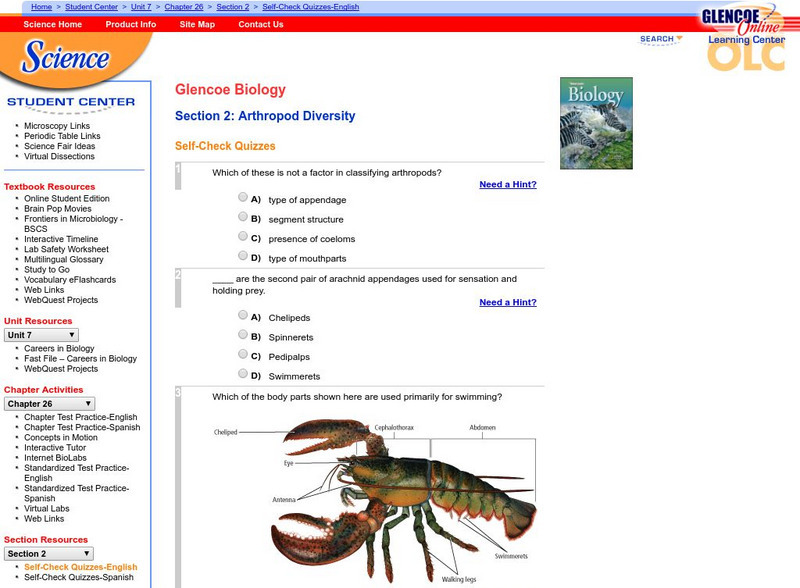 Glencoe Biology: Arthropod Diversity: Self Check Quiz Unknown Type Glencoe Biology: Arthropod Diversity: Self Check Quiz Unknown Type